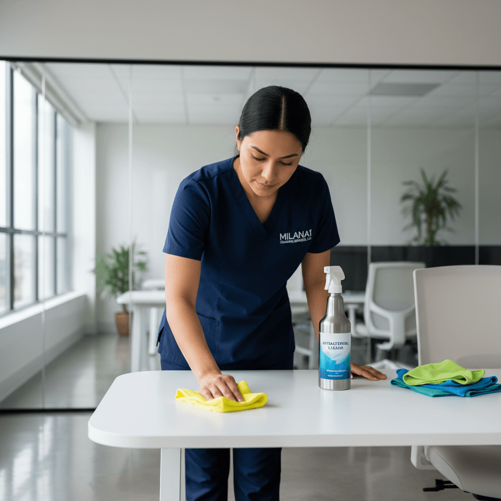 Hispanic woman diligently cleaning a desk in a modern office setting