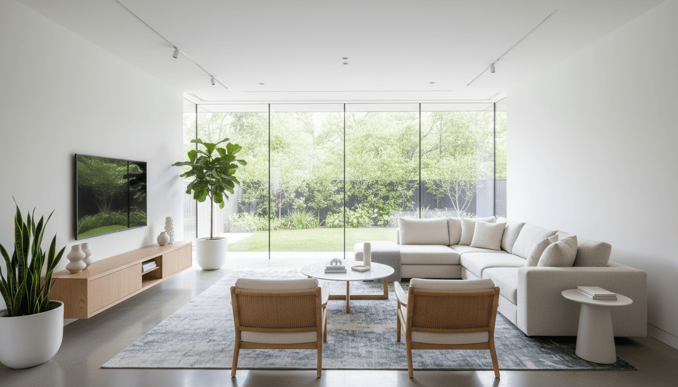 Spotless residential living room with clean furniture and bright lighting
