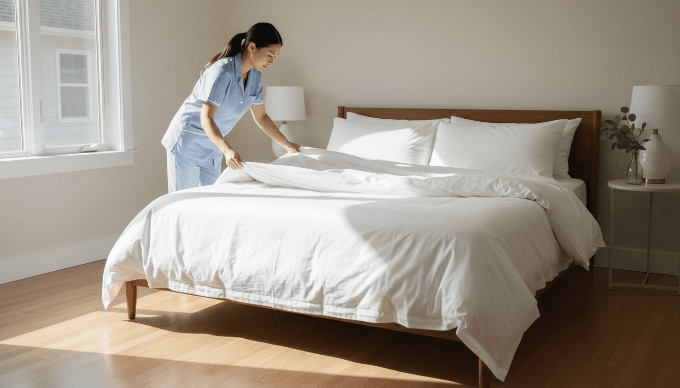 Professional cleaner preparing a fresh, spotless Airbnb bedroom with clean linens