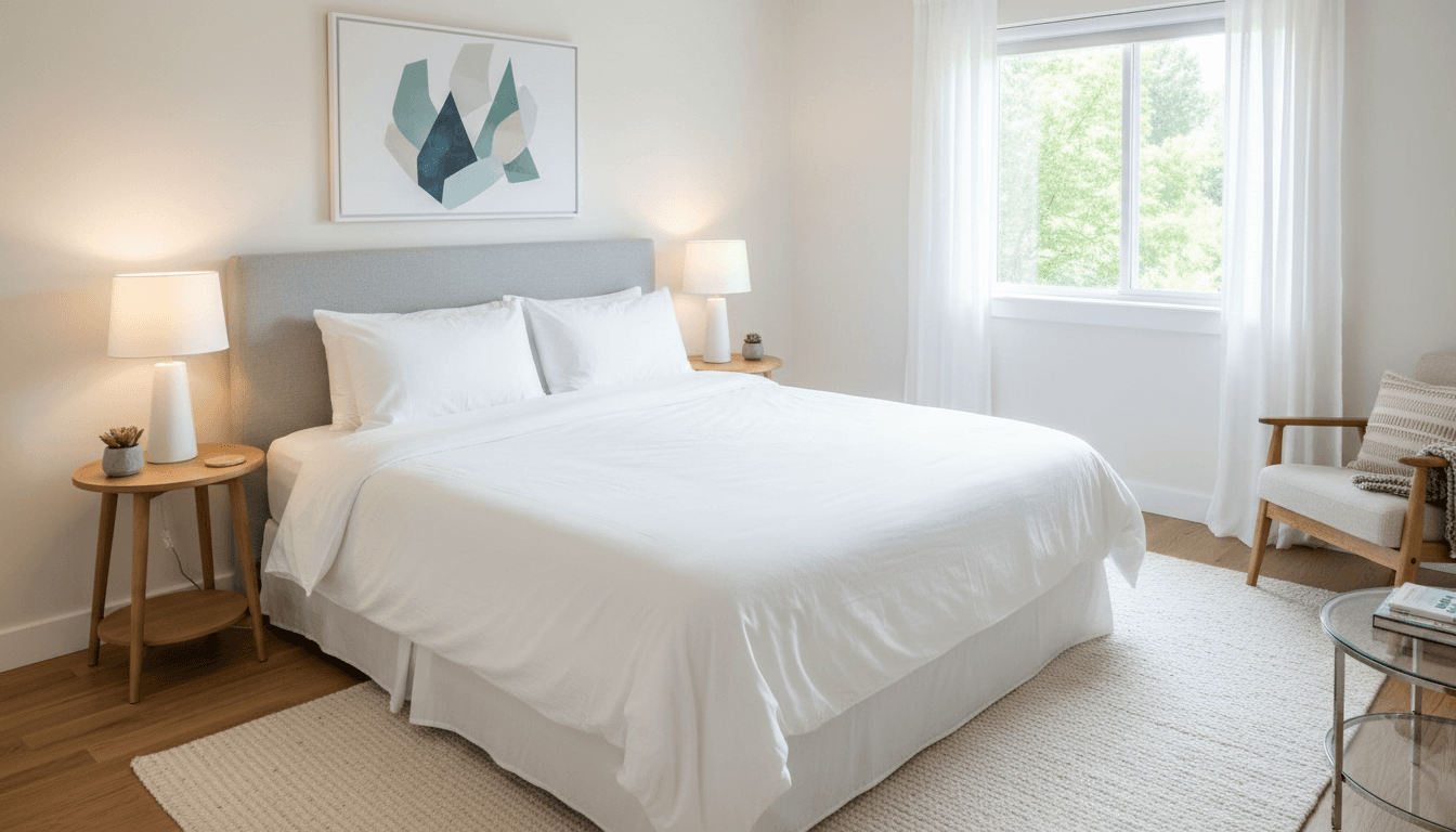 Freshly cleaned and welcoming Airbnb bedroom with pristine bedding and modern furnishings