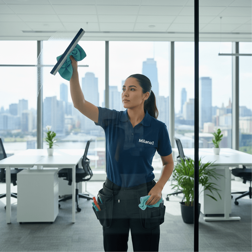 Hispanic woman cleaning large office windows in a modern, bright setting
