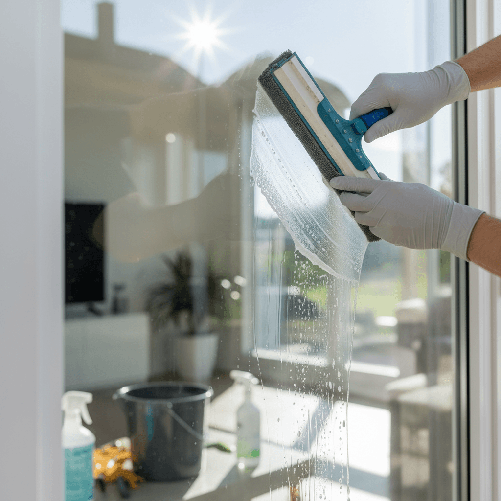 Professional cleaner's hands using squeegee to wipe window pane clean with natural light streaming through