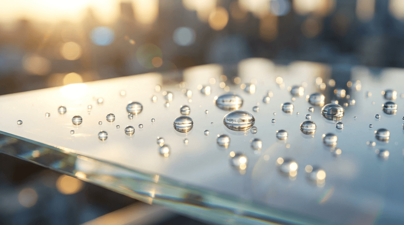 Macro view of crystal-clear glass with water droplets and golden sunlight reflections on perfectly cleaned surface.