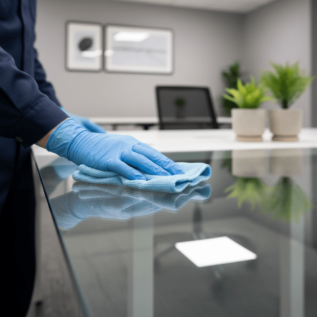 Cleaner's gloved hands using microfiber cloth to wipe glass desktop surface with precision in empty office