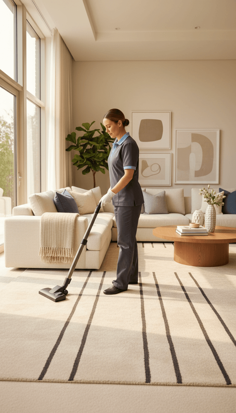 Professional cleaner vacuuming plush living room carpet in organized pattern with natural window light