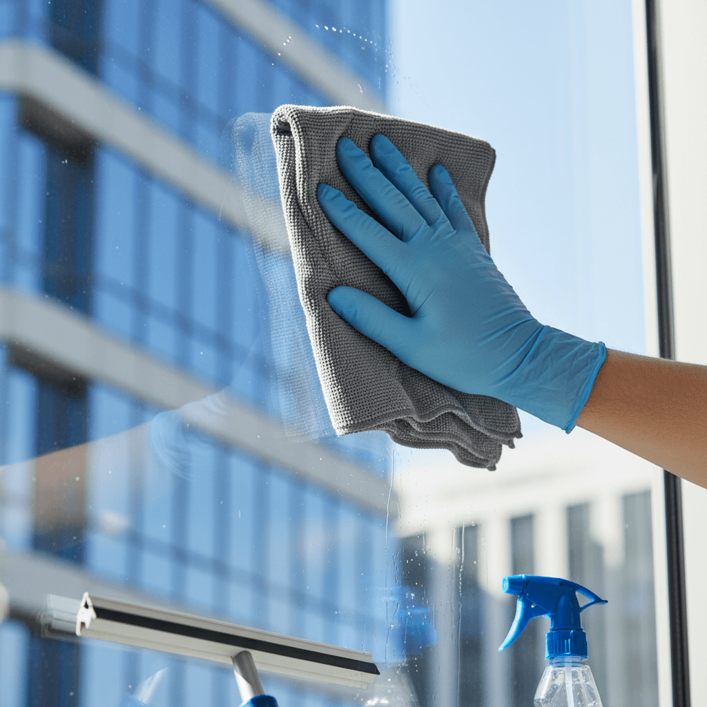 Professional cleaner wiping commercial window glass with microfiber cloth in bright daylight