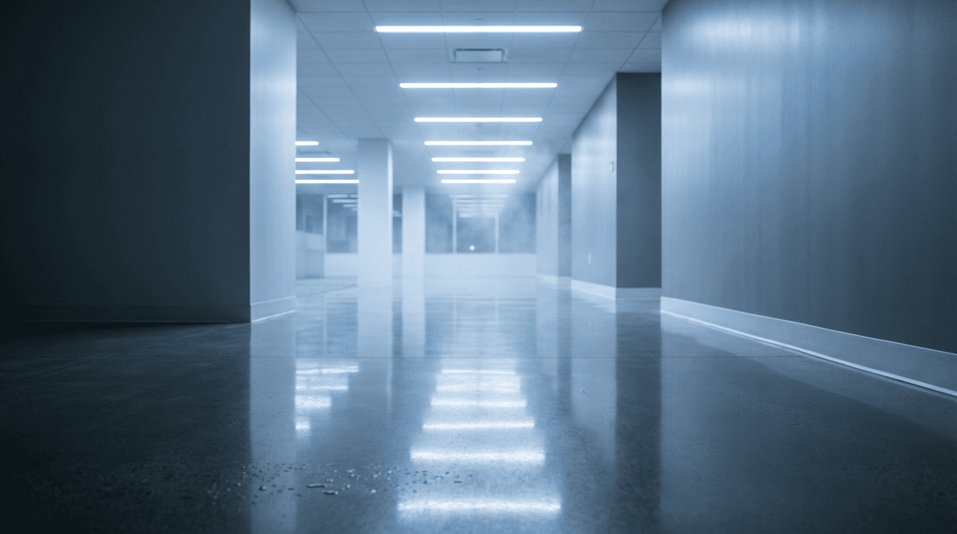 Professional cleaner carefully wiping down a polished office desk in a bright, modern workspace