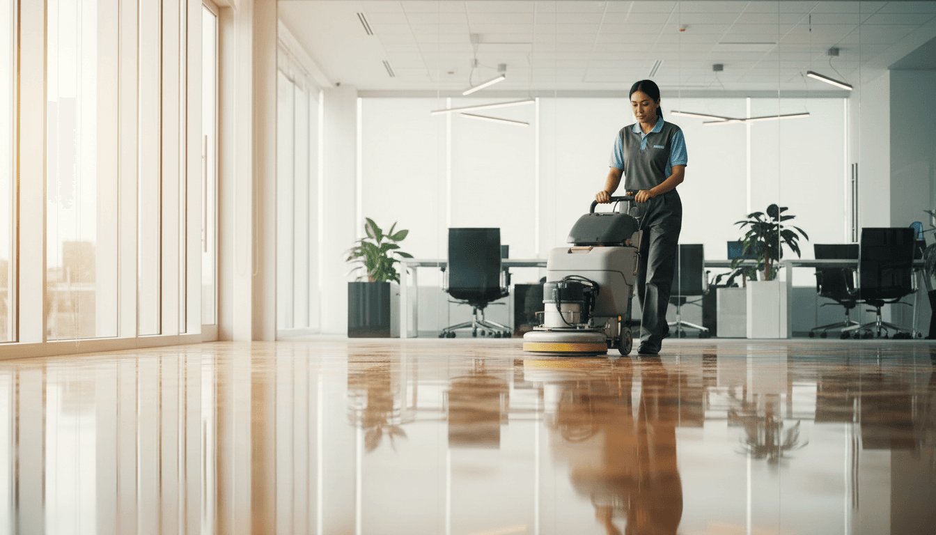 Professional janitorial worker operating floor polishing machine in modern corporate lobby with gleaming floors