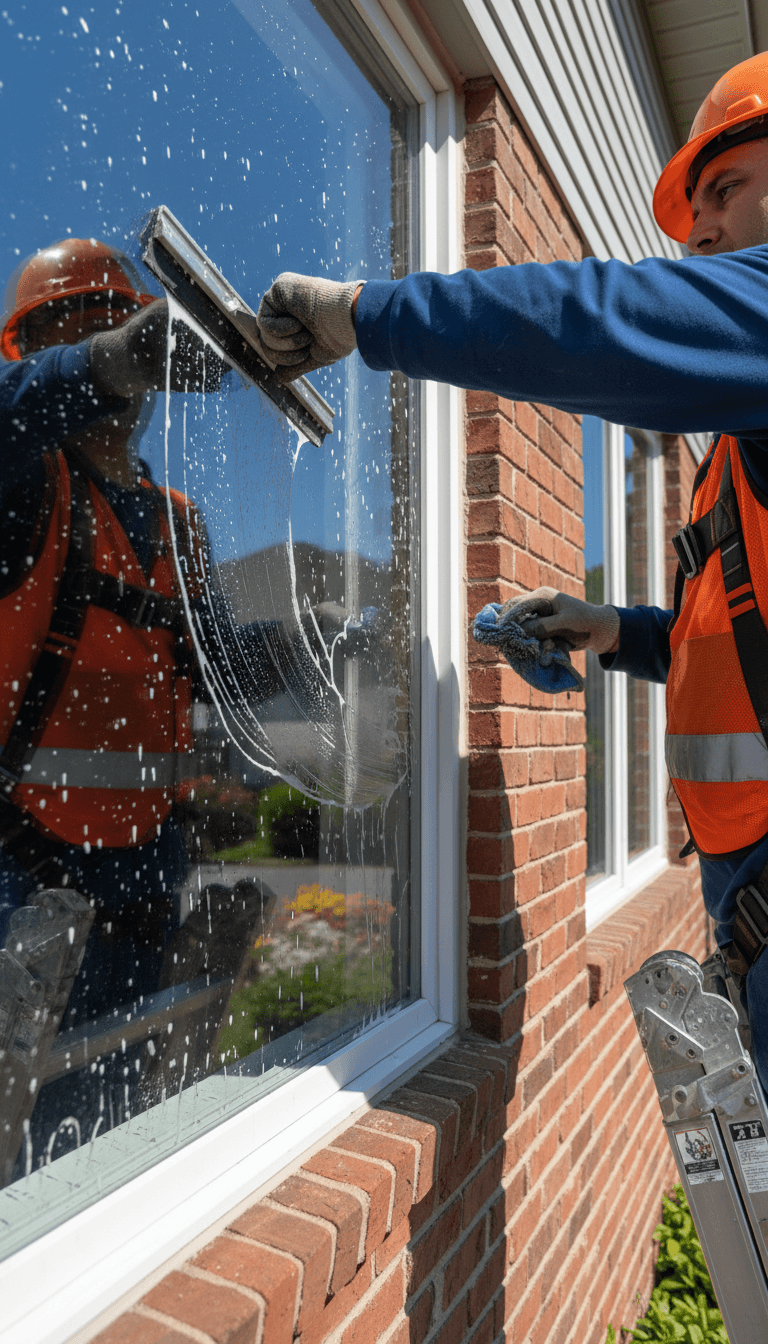 Worker on ladder cleaning exterior window of residential home using professional squeegee, wearing safety harness and high-visibility gear
