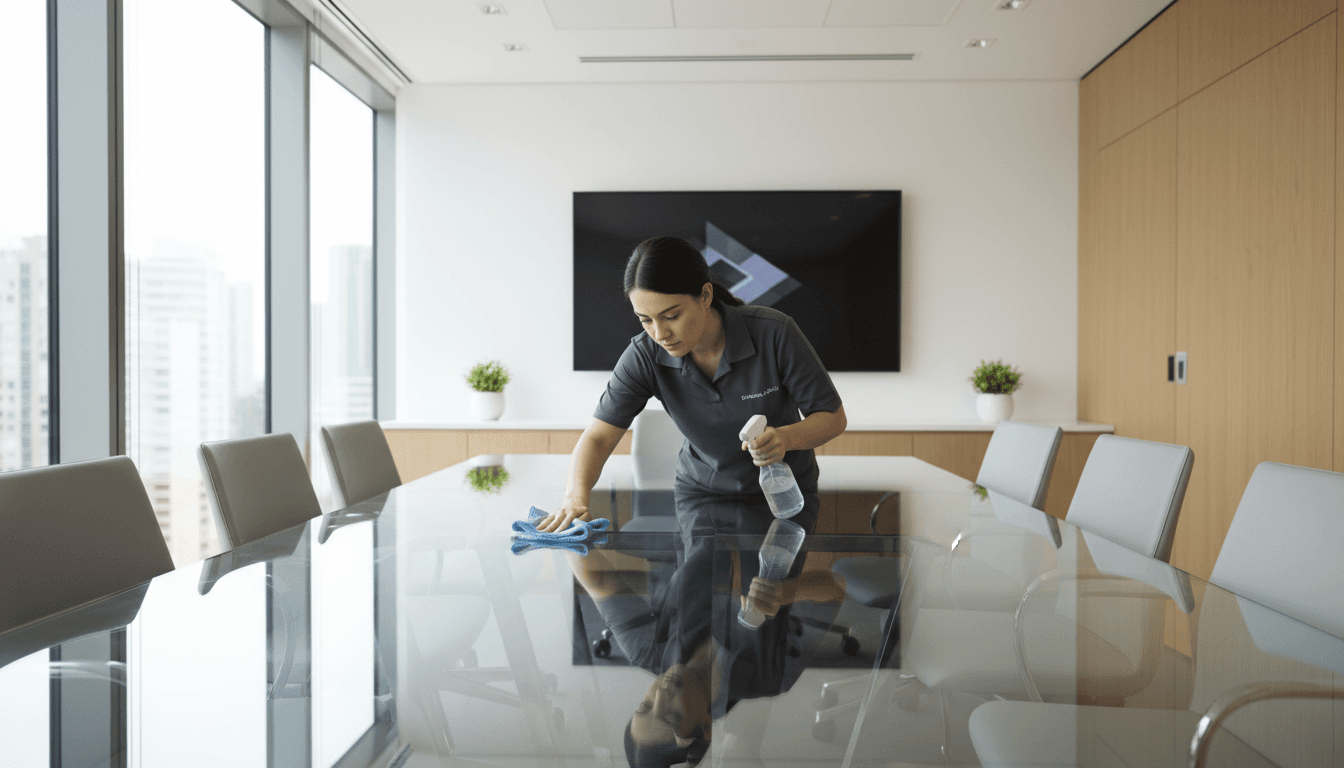 Professional cleaner meticulously polishing glass conference table in modern corporate boardroom with natural light