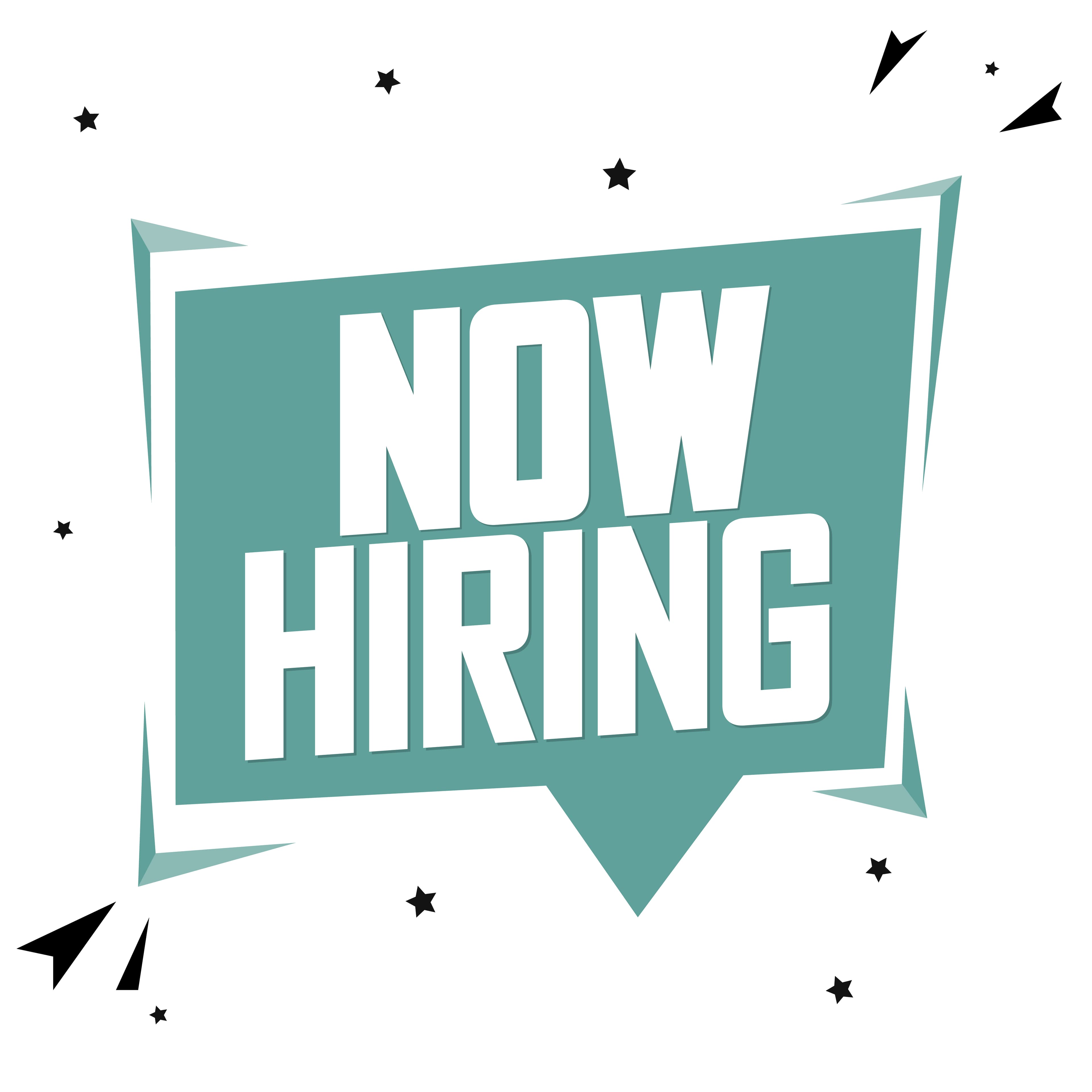 Bold white "NOW HIRING" text on a teal banner surrounded by black star accents.