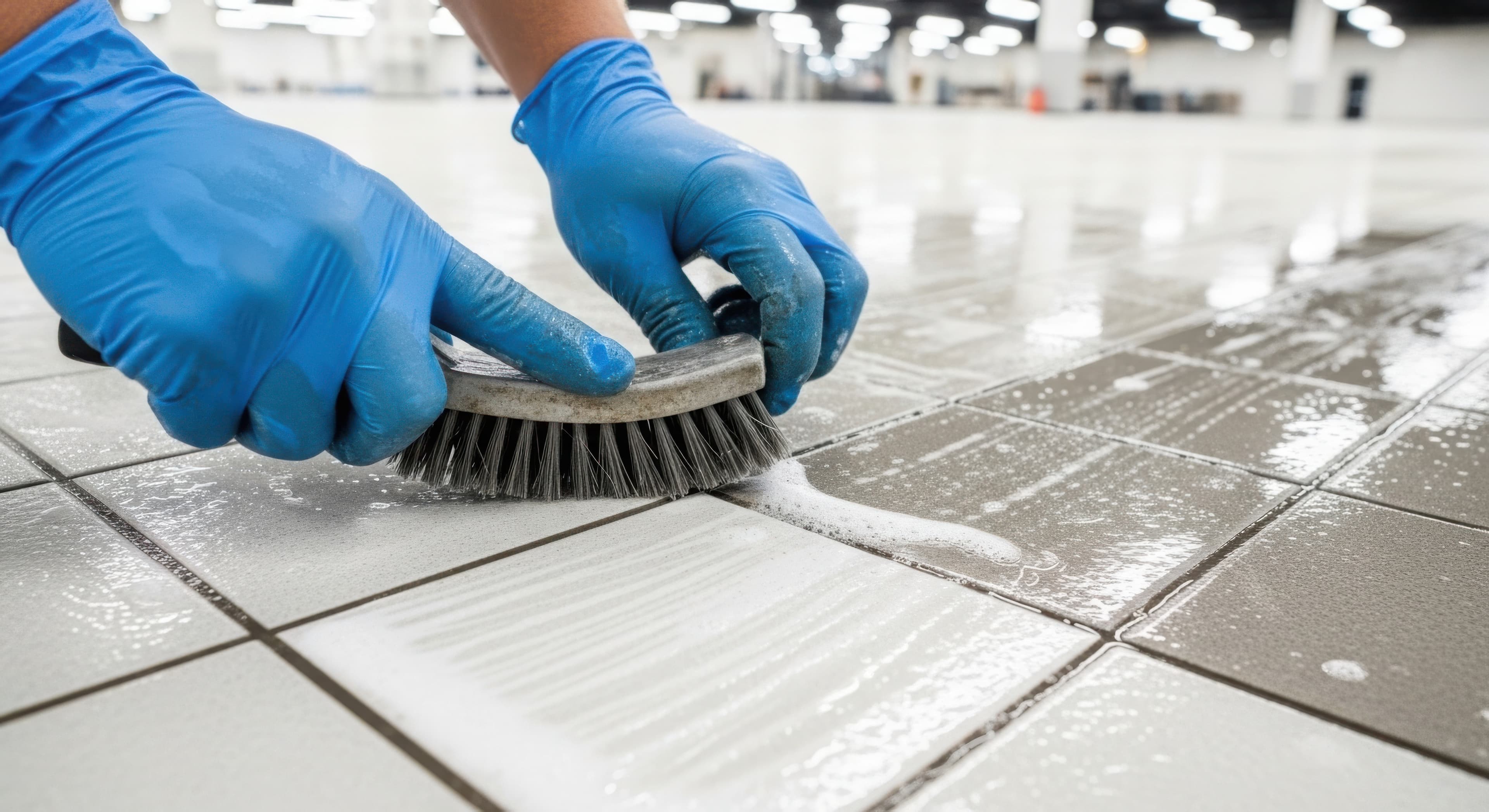 Hands in blue gloves scrubbing a tiled floor with a brush and soapy foam.