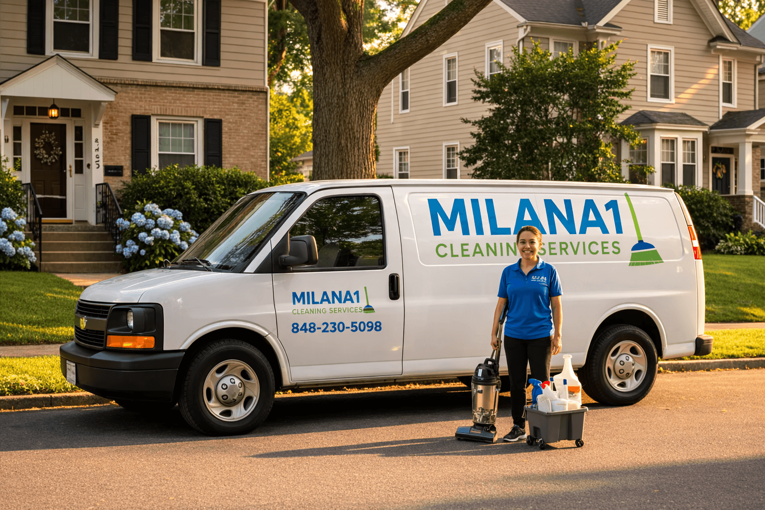 Professional cleaner with equipment standing next to a branded Milana1 Cleaning Services white van.