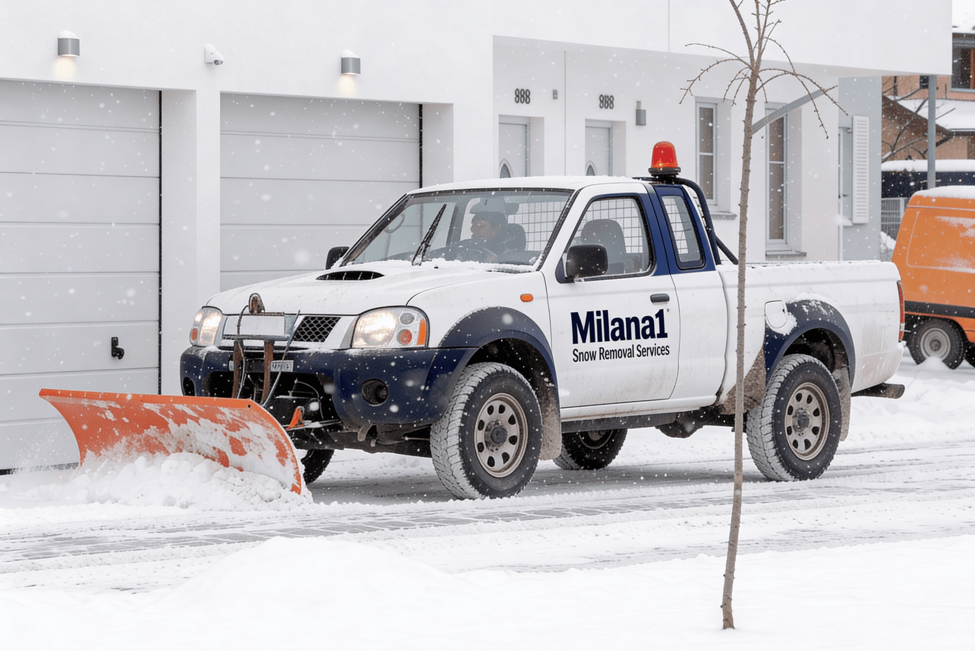White Milana1 snow removal truck with an orange plow clearing snow in front of modern houses.