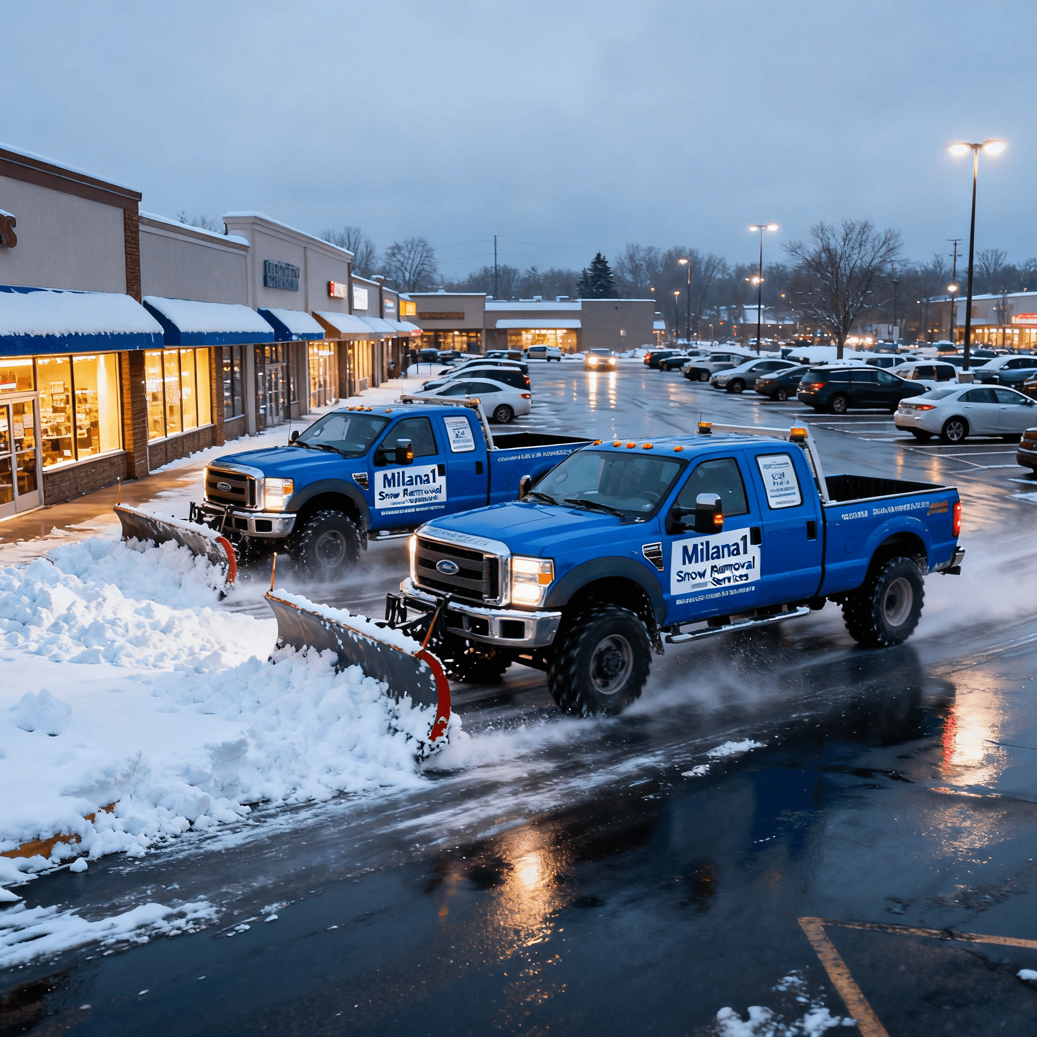 Two blue trucks with snowplows clear a parking lot in front of stores at dusk.