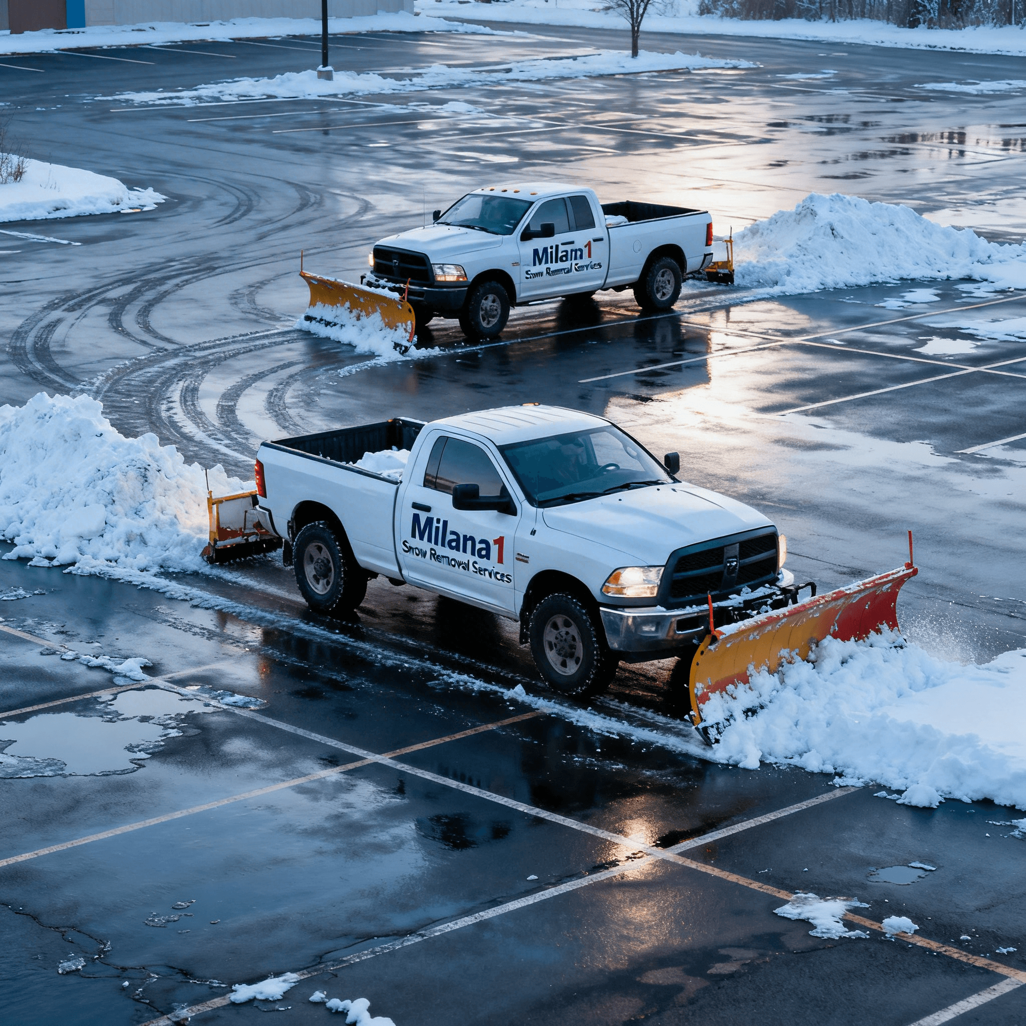 Two white Milana 1 trucks with snowplows clearing a wet asphalt parking lot.