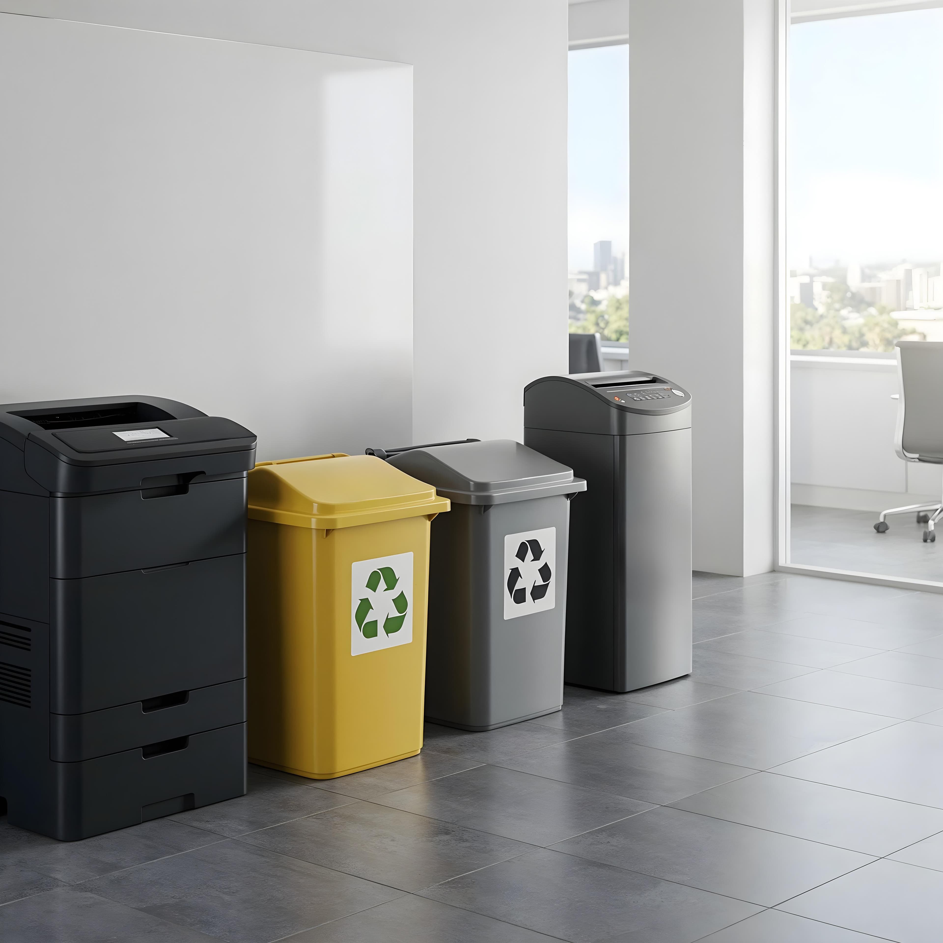 Black printer, yellow and grey recycling bins, and a paper shredder in a modern office.