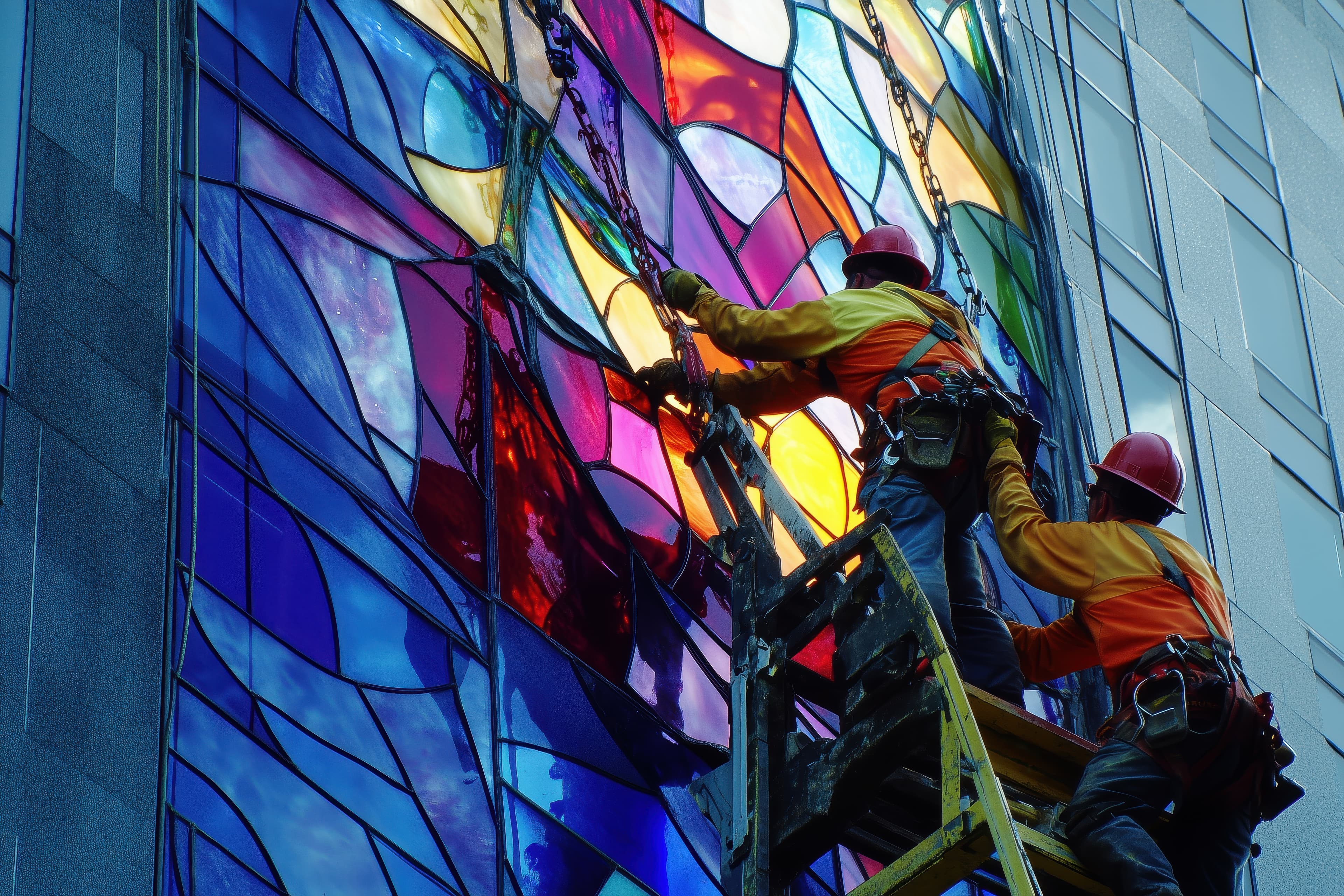 Two workers in safety gear install a large, vibrant stained-glass window on a building.